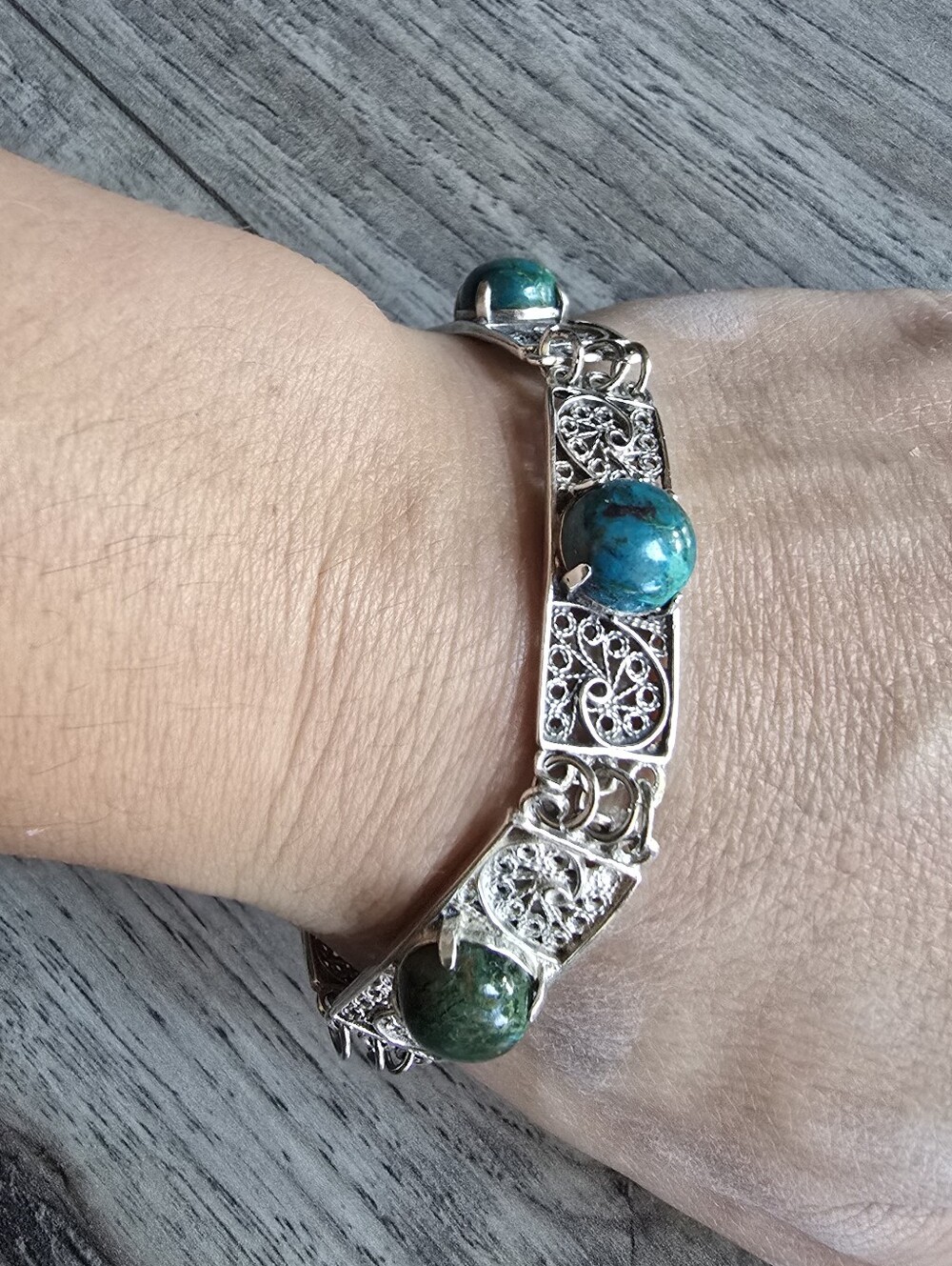 Silver 925 Filigree Bracelet with Teal Stone - Women's Jewelry - Picture 4 of 12